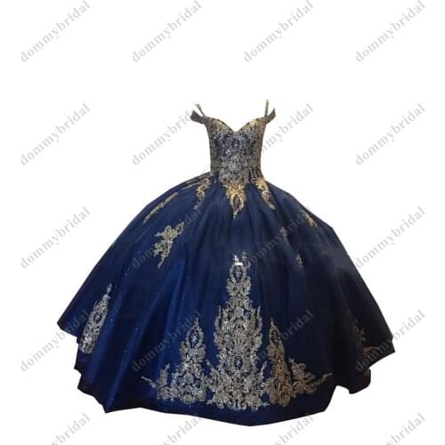 2021 Stunning Gold Embroidery Ball Gown Navy Blue Boho Cold Shoulder Quinceaenera Dresses for 15 Years Charro with Sleeve Corset
