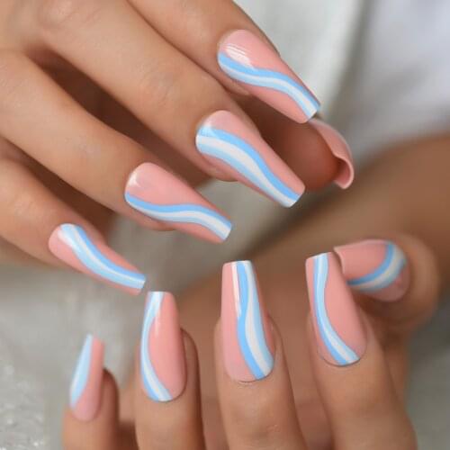 Candy Color Long Fake Nails Tips Baby Blue Swirls Coffin Press on Nails Pink Ballerina False Nails for Women and Girls 24Pcs