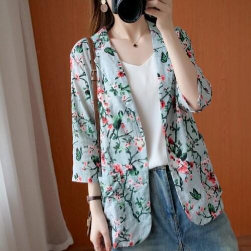 #5206 Floral Printed Blazer Women Single Buttons Summer Vintage Blazer Coat Female Loose Retro Casual Blazer Femme Cotton Thin