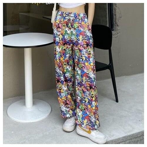 Big Size Casual Pants Women Cartoon Print Korean Loose Trousers Womens Clothing Streetwear Trendy Wide Leg Pants Hosen Damen