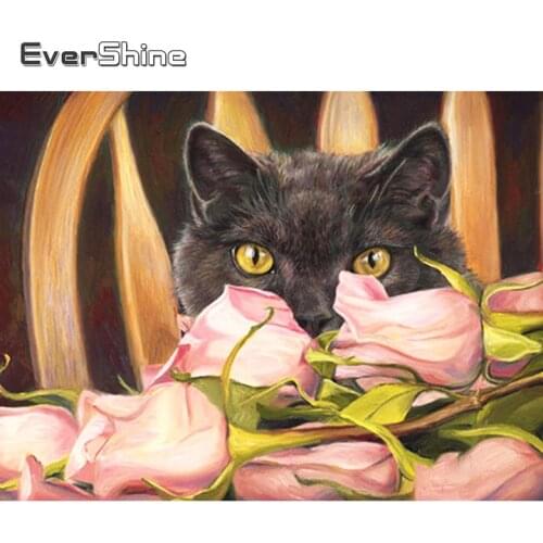 Evershine Diamond Painting Cat Cross Stitch 5D DIY Diamond Embroidery Rose Full Square Drill Animal Mosaic Kits Rhinestone Art