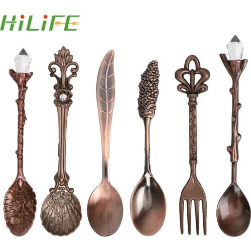 HILIFE Spoon and Fork Set Royal Antique Vintage Royal Style Flower Carved 6 Pieces/set for Coffee Tea Milk Dessert Fruit