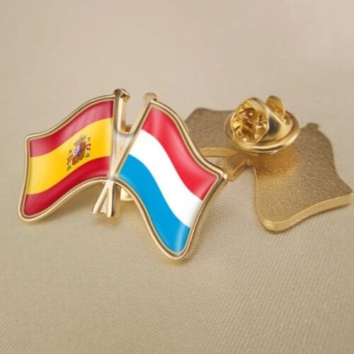 Spain and Luxembourg Crossed Double Friendship Flags Lapel Pins Brooch Badges