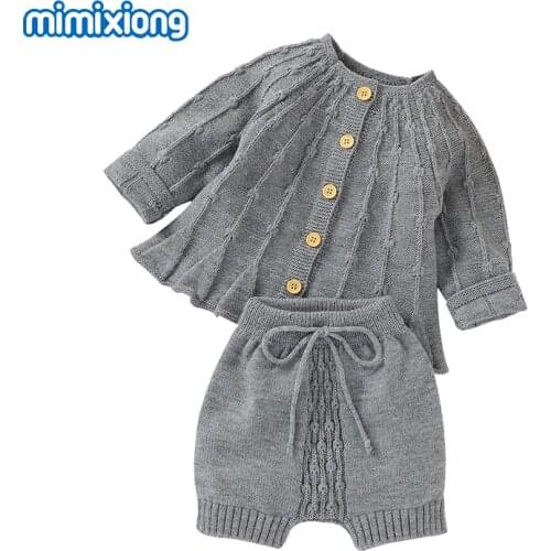 Autumn Baby Girls Clothes Sets Fashion Long Sleeves Button Up Sweaters Tops + Shorts 2pcs Outfits for Newborn Infant Winter Wear