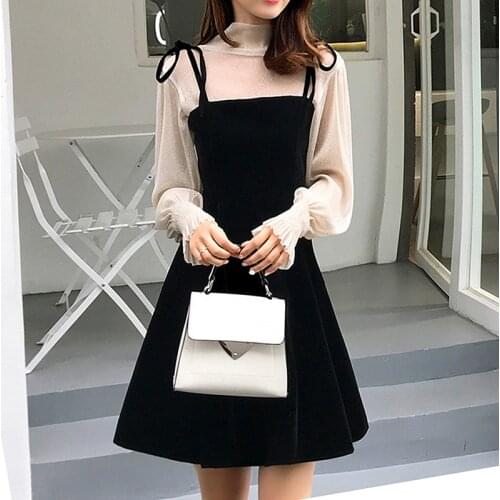 Vintage Two Piece Dress Women Spring Autumn Korean Mesh Tops and A-Line Sundress Plus Size 4XL Black Red dress vestidos