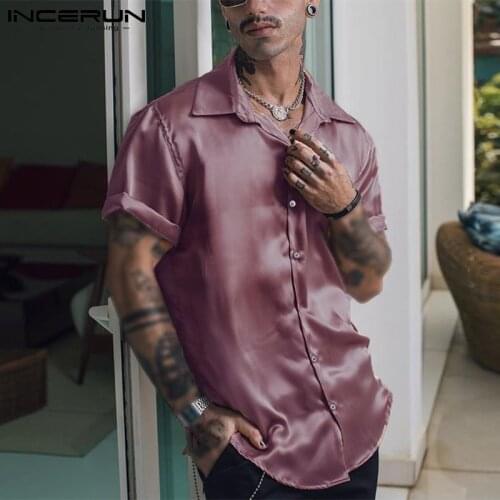 2021 Fashion Men Casual Shirt Solid Color Gloss Streetwear Lapel Short Sleeve Party Men Clothing Button Summer Camisas INCERUN
