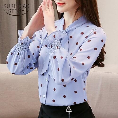 Bowknot Shirt Women Shirts Spring 2019 Stand Collar Polka Dot Flare Sleeve Long Sleeve Chiffon Blouses Tops Print Blusas 7712 50