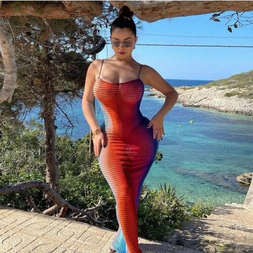 Sexy Womens Backless Bodycon Dress Mixed Colors Spaghetti Strap Long Dress High Elasticity Ladies Beach Sheath Long Dress