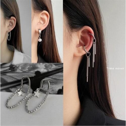 SOHOT Punk Hip Hop Titanium Paper Clip Pin Butterfly Pearl Heart Star Tassel Stud Earrings Female Piercing Bijoux Drop Shipping