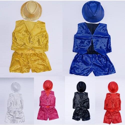 Tops+short+hat Children sequined vest adult coat jazz performance costume modern dance performance set boy girls stage props