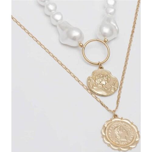 Vintage Multi Layered Necklace Pendant Pearl Jewelry Carved Necklace Choker Coin For Women Girls Gift