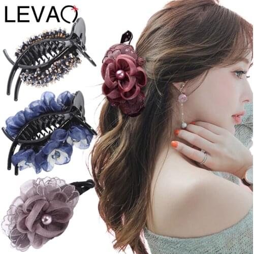 Levao Rhinestone Flower Hairpin Pearl Hair Claws Fashion Lady Acrylic Crystal Beaded Banana Clip Barrettes Hair Clips Headwear