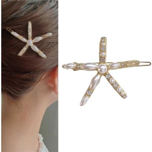 Cute Pearl Starfish Star Barrette Hairpin Korean Rectangle Hair Clips for Women Girls Kids Hair Sticks 2021 New Arrival Trend