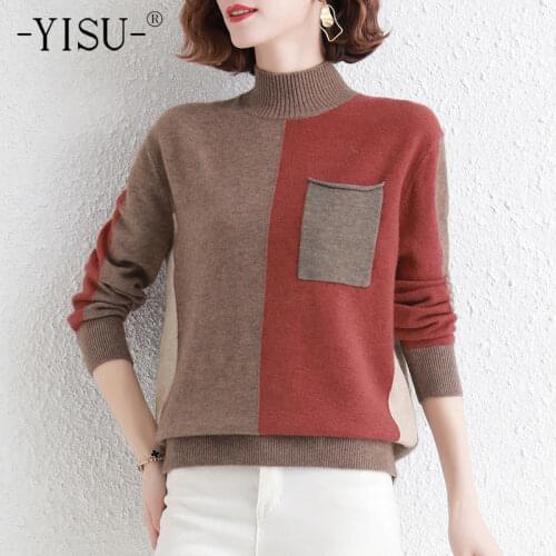 YISU Women Winter Sweater Half turtleneck pocket Jumper Warm Stitching color Casual All-match Winter top Fashion Knitted pullove