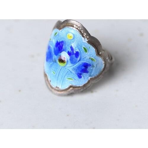 Real 925 Sterling Silver Shaolan Flower Ruyi Womens Silver Cloisonne Ring Exquisite Party Jewelry