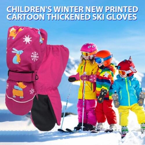 Winter New Children Print Cartoon Deer Rabbit Thickening Ski Gloves Kids Windproof Waterproof Non-slip Long-Sleeved Mittens