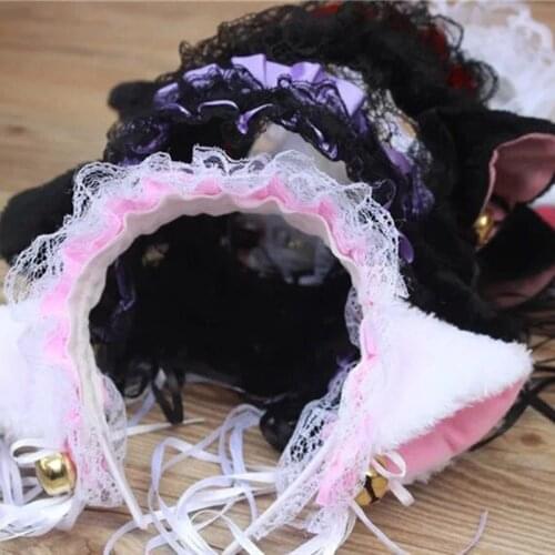 1Pc Lolita Headdress Japanese Girl Lace Bell Cat Ear Hoop Lolita Maid Headband Cute Hair Bandana Anime Cosplay Accessories