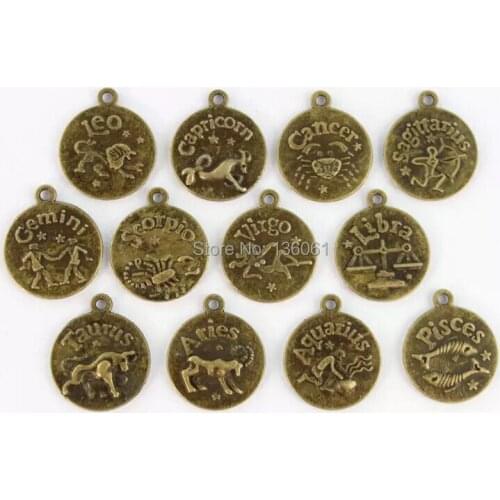 12pcs Vintage Bronze 20mm Cabochon Settings Pendants Zodiac Sign Constellation Charms For Bracelets Jewelry Fashion Findings
