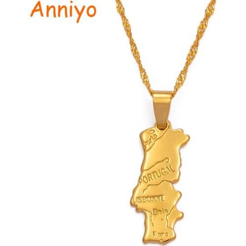 Anniyo portugal map pendant & necklace chain women Gold Color Jewelry Portuguese PRT for Girl Gift #006710