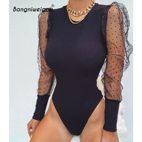 Bangniweigou Dots Puff Sleeve Mesh Patchwork Bodysuits Women Vintage Long Sleeve Bodycon Bodysuit Top Fashion Body Suit