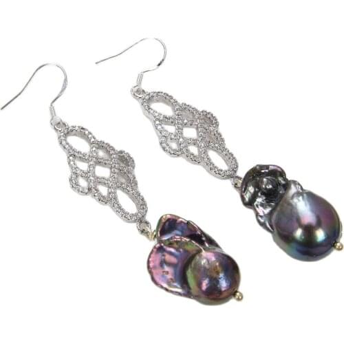 JK 20MM Black Keshi Baroque Pearl Silver Hook CZ Connector Earrings
