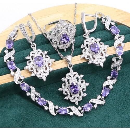 Purple Amethyst 925 Sterling Silver Jewelry set for Women Bracelet Earrings Necklace pendant Ring