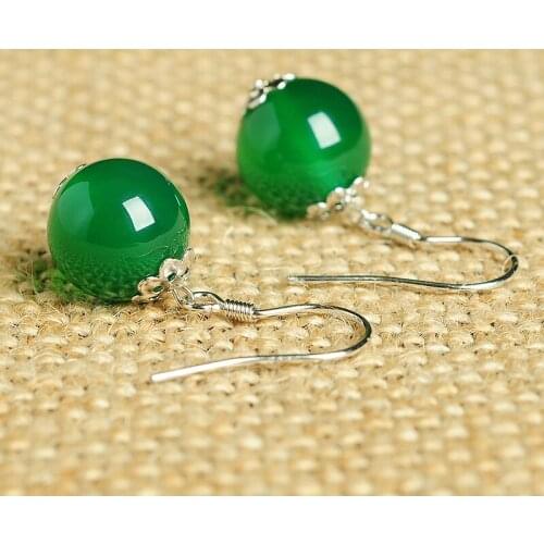 925silver inlaid natural authentic chalcedony bead earrings Original minimalist green chalcedony beads earrings with certificate