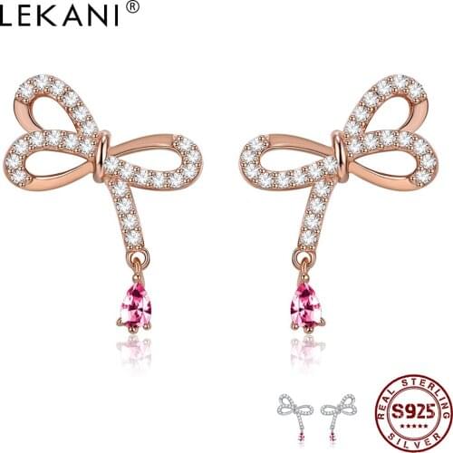 LEKANI 925 Sterling Silver Stud Earrings Bowknot Shaped Gigantic Love to Lovers Cubic Zirconia and Pink Crystal Pendant Earrings