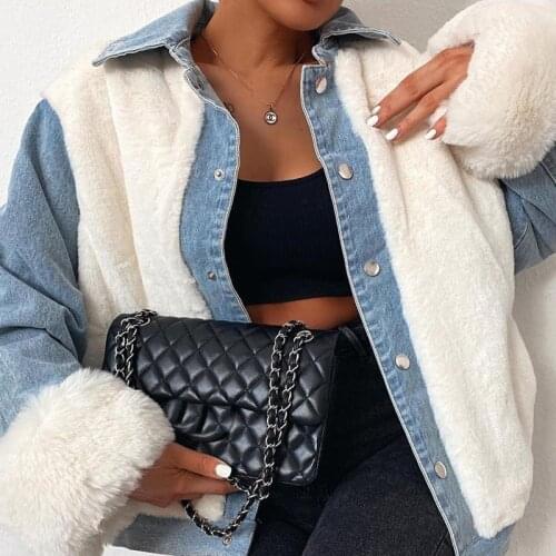 Fashion Winter Women Plush Denim Jacket, Patchwork Long Sleeve Lapel Patchwork Outerwear Coat