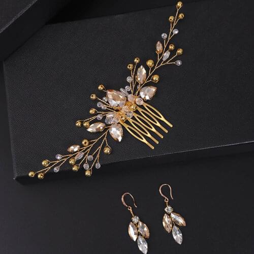 Set of Bridal Hair Comb and Earrings Red Gold Rhinestone Luxury Headband Bride to be Headpieces Women Wedding Hair Accessories
