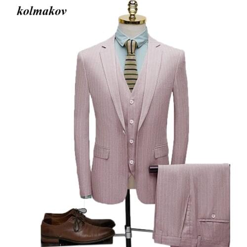 New Arrival Spring Style Men Boutique Wedding Dress Suits High Quality Business Casual Mens Stripe Three-pieces Suits Blazers
