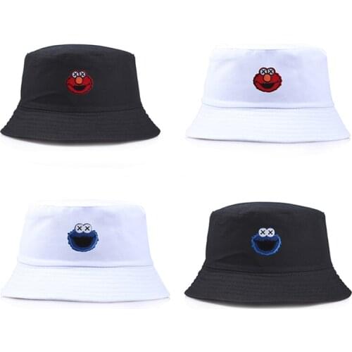 New Sesame Street Embroidery Bucket Hat Double-sided Cartton Anime Panama Cap Casual Wild Fisherman Basin Hat Black White Sunhat