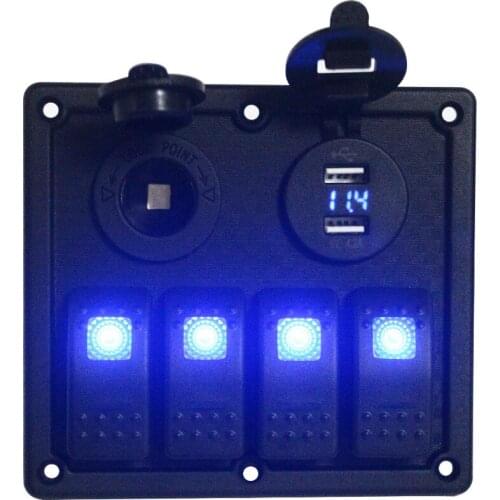 12v/24v Blue Led 4 Gang Rocker Switch Panel with Power outlet Socket and USB Charger Adapter Socket & Voltmeter Volt Gauge