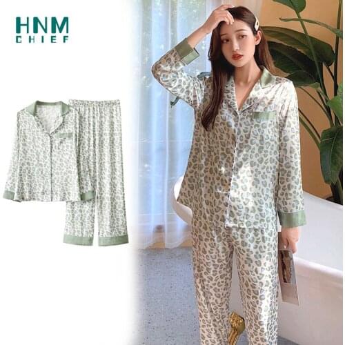 HNMCHIEF Green Leopard Pajamas Set Ice Silk Pyjamas Womens Long Sleeve Top+Pants Home Wear Suit Panther Chiffon Women Set Twill
