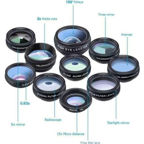 Professional 10 in 1 Phone Camera Lens Kit Wide Angle Lens Macro Fisheye CPL Filter Kaleidoscope and 2X Telescope Lens