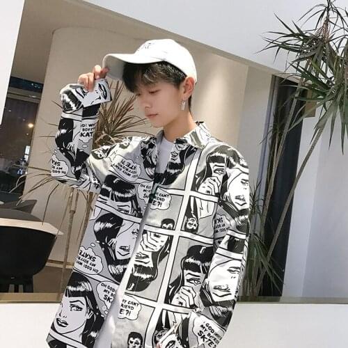 Mens Shirts High Street Harajuku Style Japanese Comic Pattern Long-sleeved Shirt for Male and Female Gotinc Style Loose Shirt
