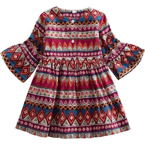Spring and Autumn New Boho Style Girls Long Sleeve Dress