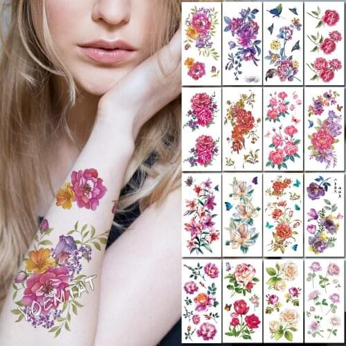 Pink Rose Peony Flowers Body Art Chest Water Transfer Waterproof Temporary tattoo Girl Waist Bracelet Flash Tatoo