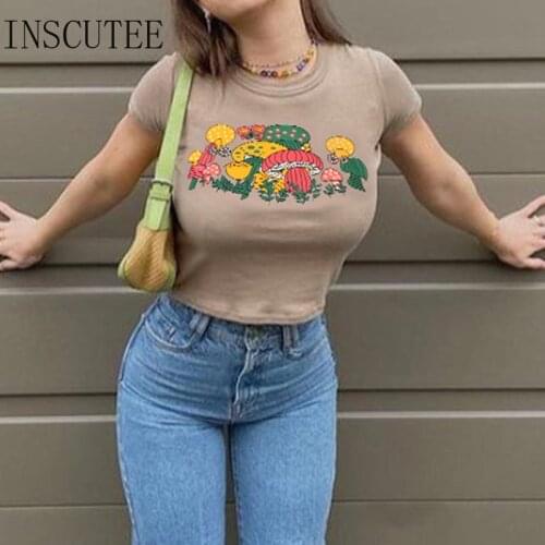 Inscutee Harajuku Y2k Graphic T-shirt Women Vintage E-girl Streetwear Emo Alt Mushroom Printed Short Sleev O-neck Crop Tee Tops