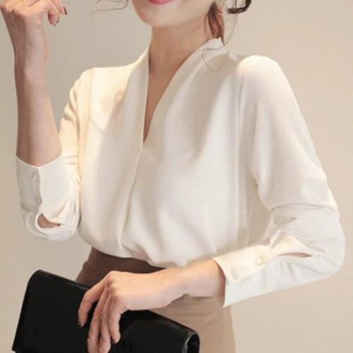 Women Solid Color All-matched Polyester V-neck Office Chiffon Shirt Stylish Loose Long Sleeve Breathable Tops Skin-friendly
