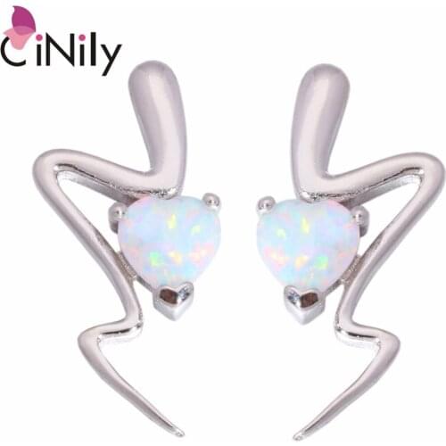 CiNily Created White Pink Orange Blue Fire Opal Silver Plated Wholesale Heart for Women Jewelry Stud Earrings 20mm OH2718-21
