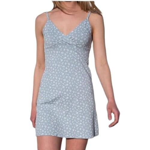 New Sexy Floral Summer Dress Women Spaghetti Straps Cowl Neck Prairie Chic Wrap Dress Long Side Mini Pleats Print Blue Dresse