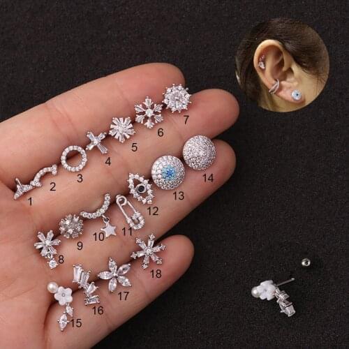 1Pc Gold Silver Stainless Steel Crystal Zircon Snowflake Cartilage Ear Piercing Cz Tragus Helix Lobe Screw Back Stud Earring