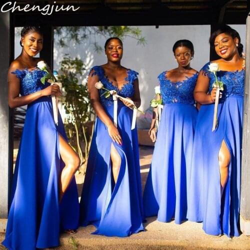 Chengjun Royal Blue High Slit Floor Length Beaded Sexy African Bridesmaid Dresses