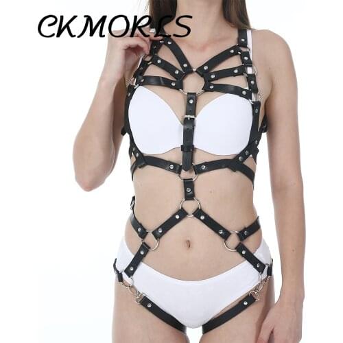 CKMORLS Sexy Ladies Leather Harness Underwear Set Waist To Leg Bondage Cage goth Garter Belts Women Straps Bra Garter Body Belts