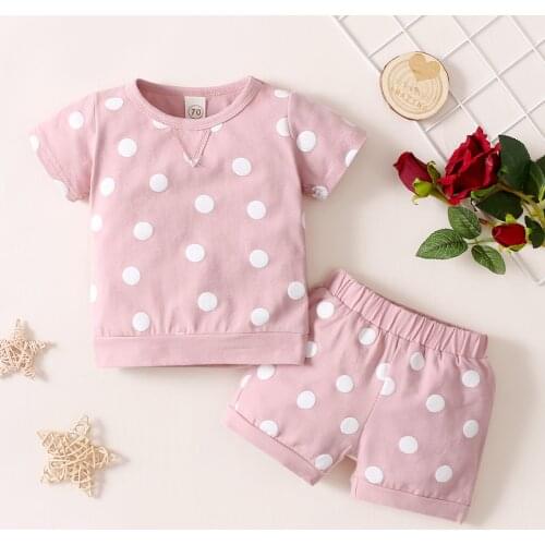 Baby Short Sleeve + Shorts, Polka Dot Print Elastic Waist Classic Round Neck Summer Baby Girl Clothes 2021
