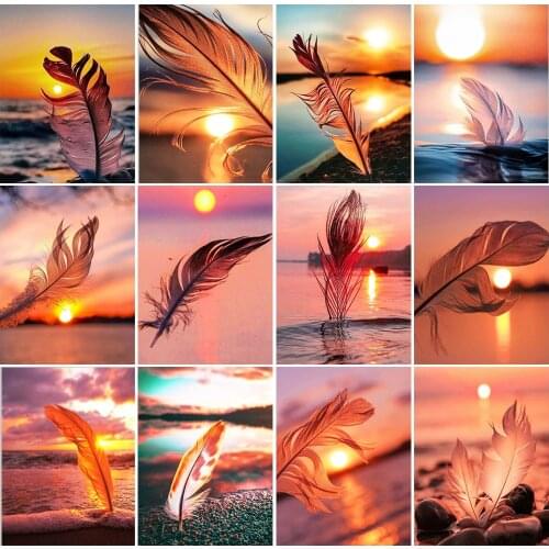 DOHAWIZS DIY Diamond Painting Seaside Sunset Scenery Cross Stitch Kit Diamond Mosaic Feather Rhinestone Picture Wall Decor Art