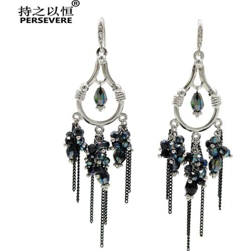 Handmade Ethnic costume earrings black blue Crystal Beaded ChainTassel long drop earrings jewelry for women accessories