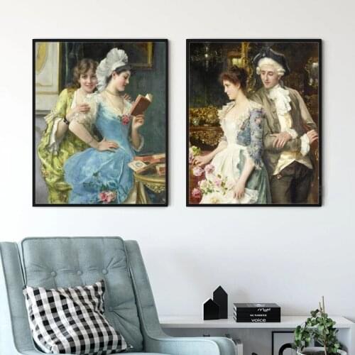 European Classical Poster Girl Woman Lady Couple Retro Canvas Painting Wall Art Poster Living Room Home Dining Home Decoration