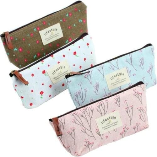 Cute Kawaii Floral Flower Canvas Zipper Pencil Cases Lovely Fabric Flower Tree Pencil Pen Bags School Supplies Korean Stationery